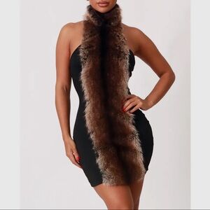 Elegant Black and Brown Faux Fur Trim Dress